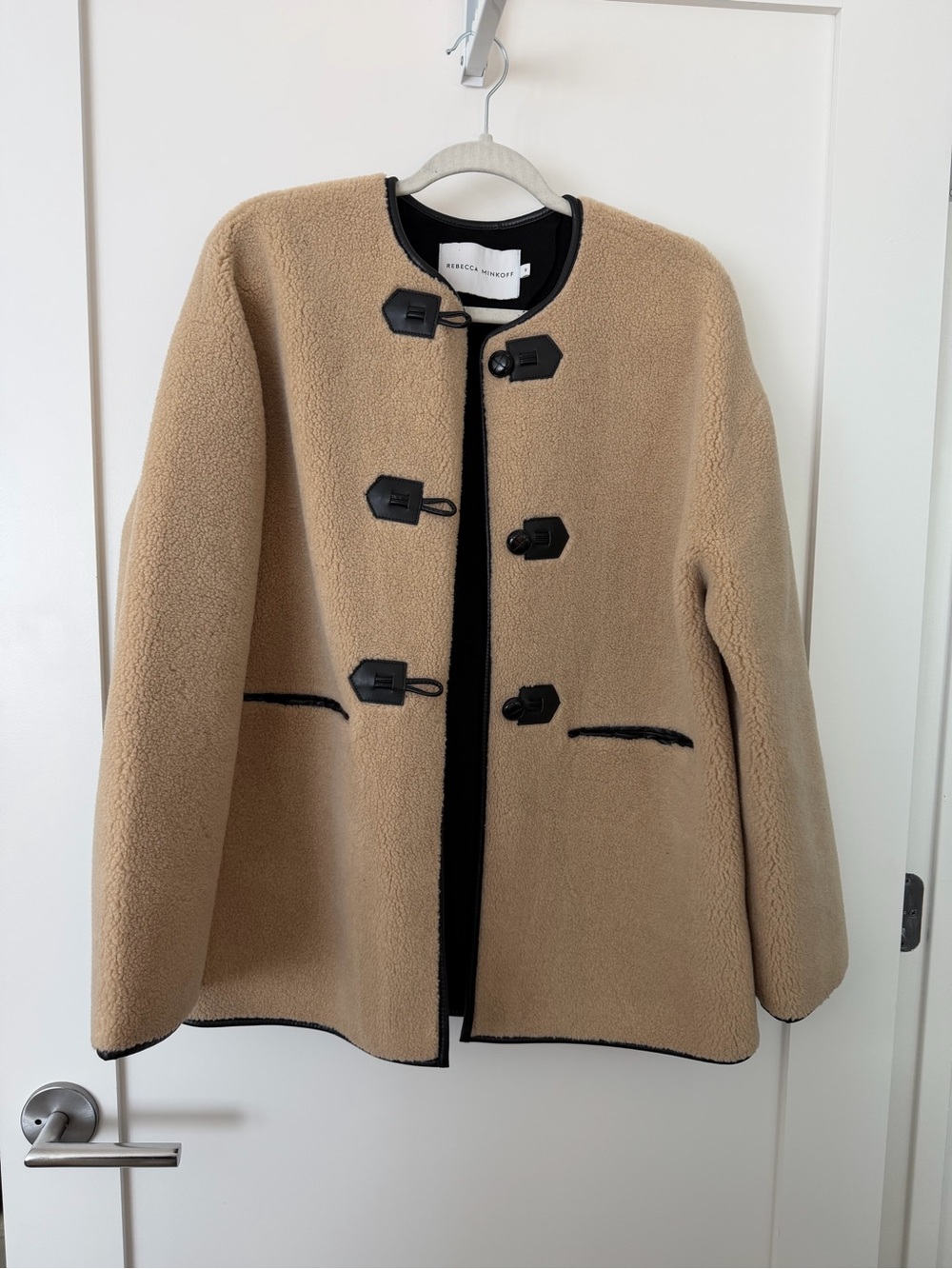 Rebecca Minkoff Tan Sherpa Toggle Jacket with Black Trim